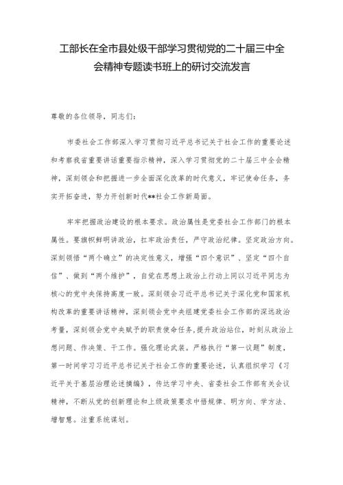 工部长在全市县处级干部学习贯彻党的二十届三中全会精神专题读书班上的研讨交流发言.docx