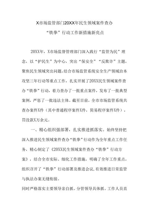 X市场监管部门20XX年民生领域案件查办“铁拳”行动工作新措施新亮点.docx